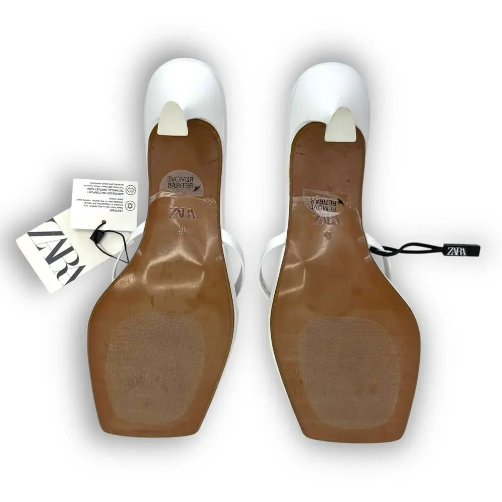 Zara Strappy Toe Post Heeled Leather Sandals Size EU 41 US 10 White Square Toe - Picture 9 of 14